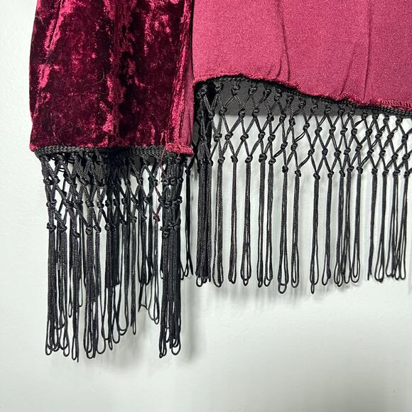 Vintage Y2K Wet Seal Burgundy Crushed Velvet Fringe Open Jacket Boho Chic Party - Picture 8 of 10